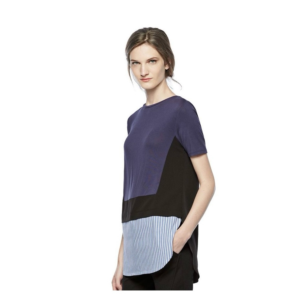 NEW THAKOON Blue, Black And Striped Short Sleeve Shirt, size Medium